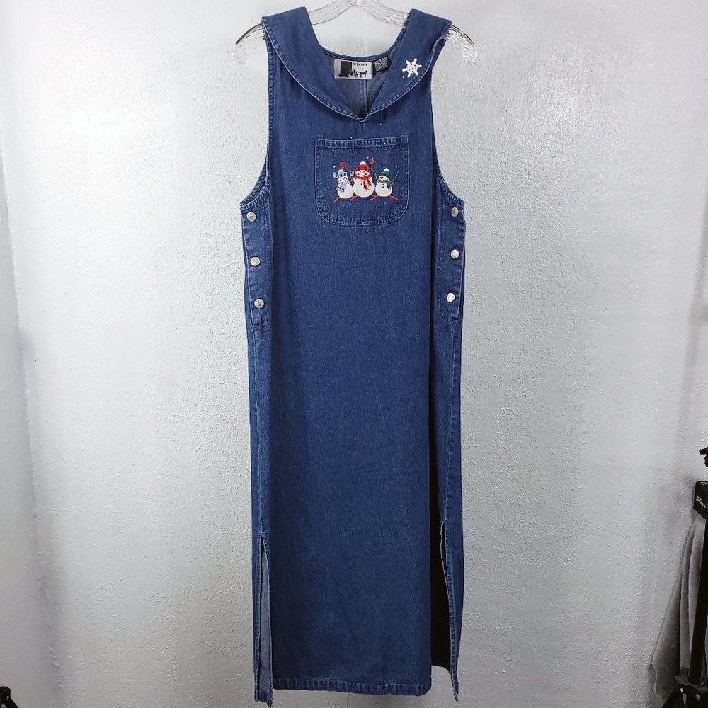 Shipshe Denim Blue Jean Diamond Studded Split Side Embroidered Christmas Dress